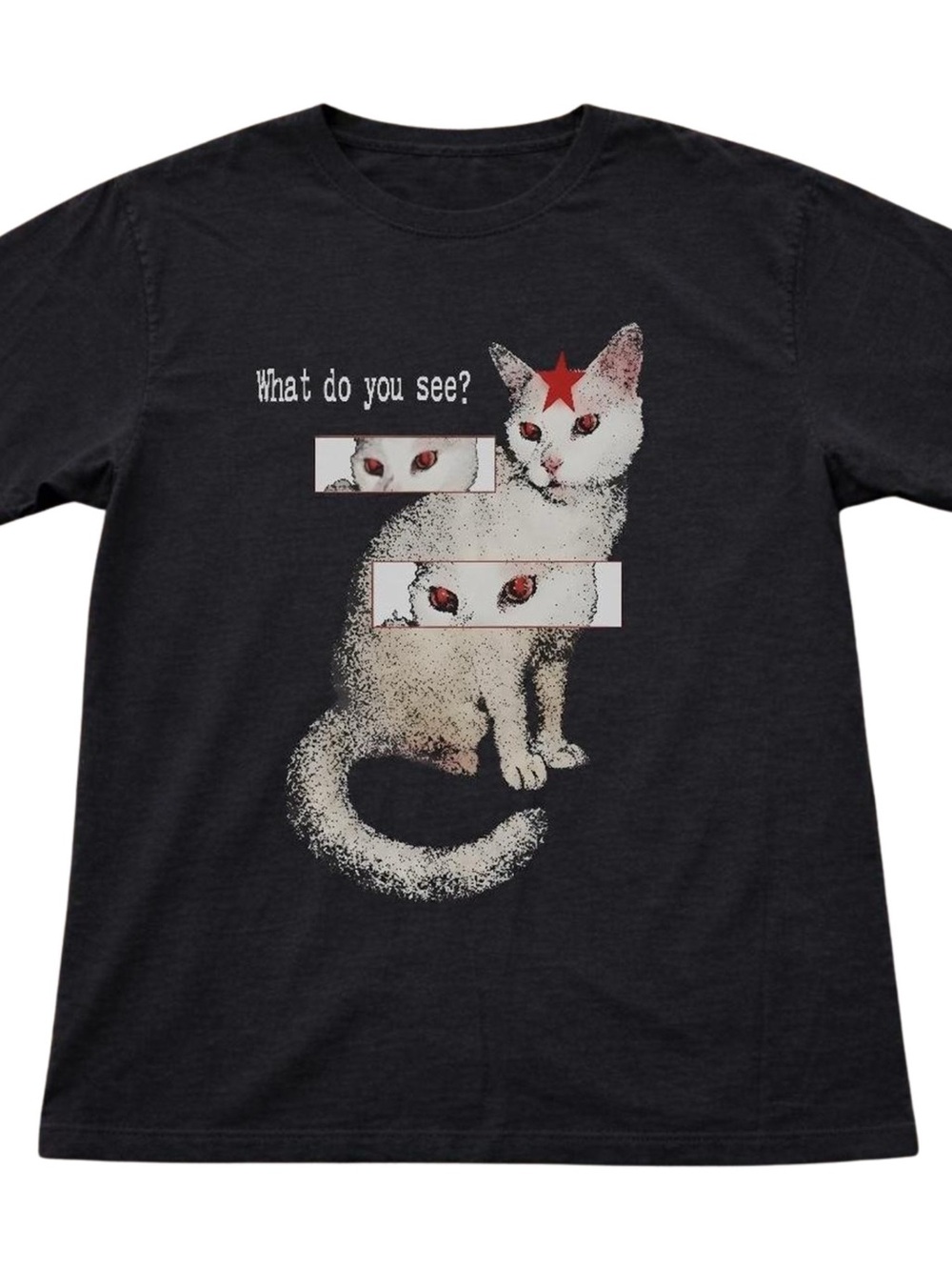Gildan Black Tee with White Graphic Cat and Red Accents